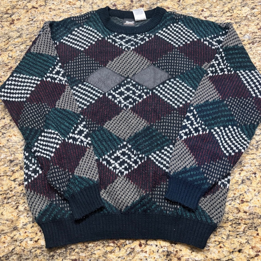 Impact Mens XL Vintage Argyle Knit Sweater Faux Leather Patch Crewneck Retro v